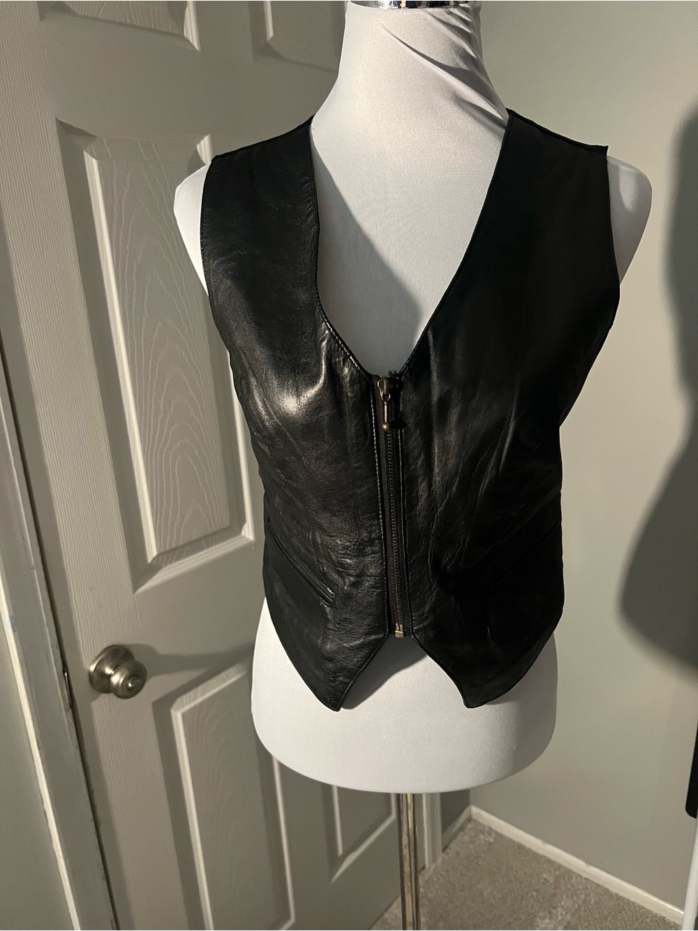 Black real Leather Zip Front Vest with pockets